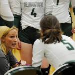 First-year Port Angeles coach Jennifer Reynolds, a Sequim High grad, rallies her team to a five-set win over the Wolves on Sept. 12. Sequim Gazette photo by Michael Dashiell