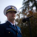 U.S. Coast Guard Air Station Port Angeles Executive Officer Cmdr. Scott Austin speaks during a ceremony in Port Angeles honoring public safety officials on the 18th anniversary of the 9/11 terrorist attacks Wednesday. (Jesse Major/Peninsula Daily News)