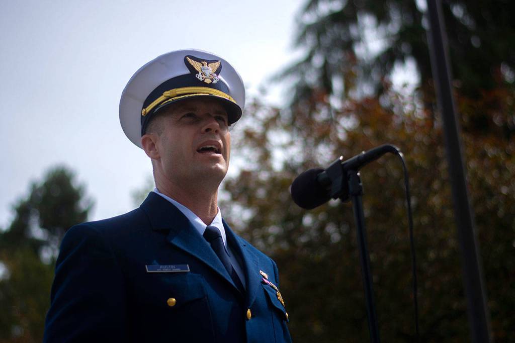 U.S. Coast Guard Air Station Port Angeles Executive Officer Cmdr. Scott Austin speaks during a ceremony in Port Angeles honoring public safety officials on the 18th anniversary of the 9/11 terrorist attacks Wednesday. (Jesse Major/Peninsula Daily News)