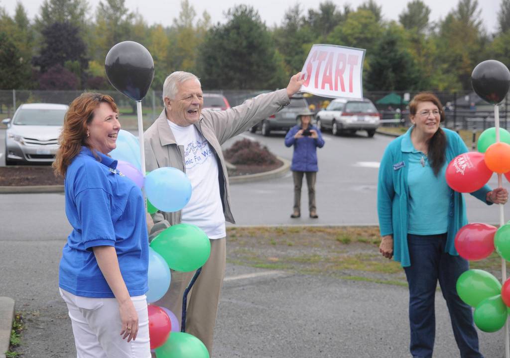 John Beitzel announces the start of the Dungeness Valley Health & Wellness Clinic 2019 Fun Walk and Health Fair on Sept. 14. Sequim Gazette photo by Michael Dashiell