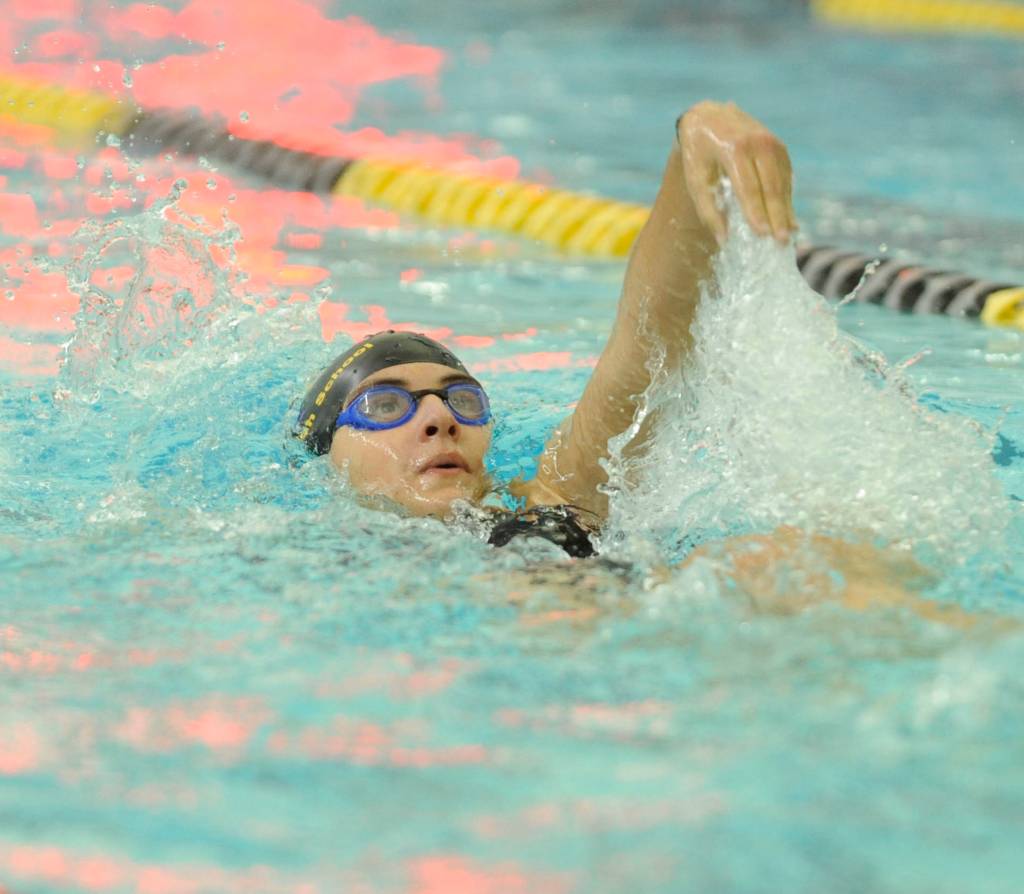 Sequims Francesca Bargis swims the backstroke portion of the 200 individual medley in a Sept. 19 league meet against Port Angeles. Sequim Gazette photo by Michael Dashiell