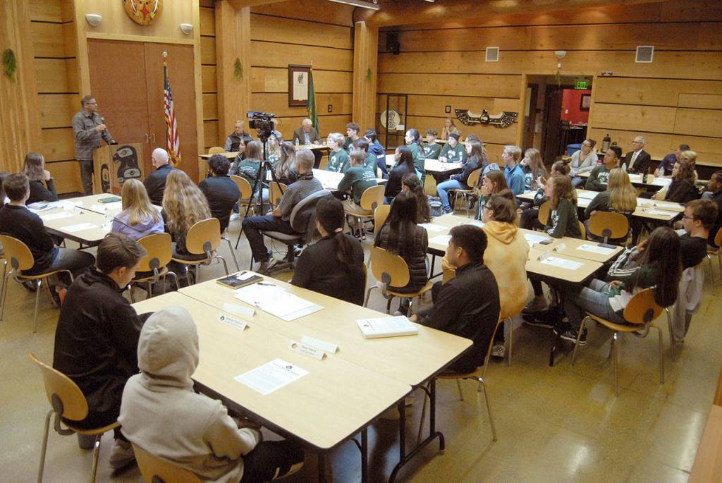Student leaders from Port Angeles and Sequim high schools listen to presentations from state legislators and the college president Tuesday at the Longhouse on the Port Angeles campus of Peninsula College. Photo by Keith Thorpe/Peninsula Daily News
