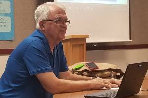Larry Jeffryes responds to questions from interim superintendent Rob Clark in an interview to fill the vacant District 1 seat on the Sequim School District board of directors. Jeffryes was selected by the board to fill that seat later in the night, with the vote being a unanimous yes from the four current board members. Sequim Gazette photo by Conor Dowley