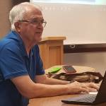 Larry Jeffryes responds to questions from interim superintendent Rob Clark in an interview to fill the vacant District 1 seat on the Sequim School District board of directors. Jeffryes was selected by the board to fill that seat later in the night, with the vote being a unanimous yes from the four current board members. Sequim Gazette photo by Conor Dowley