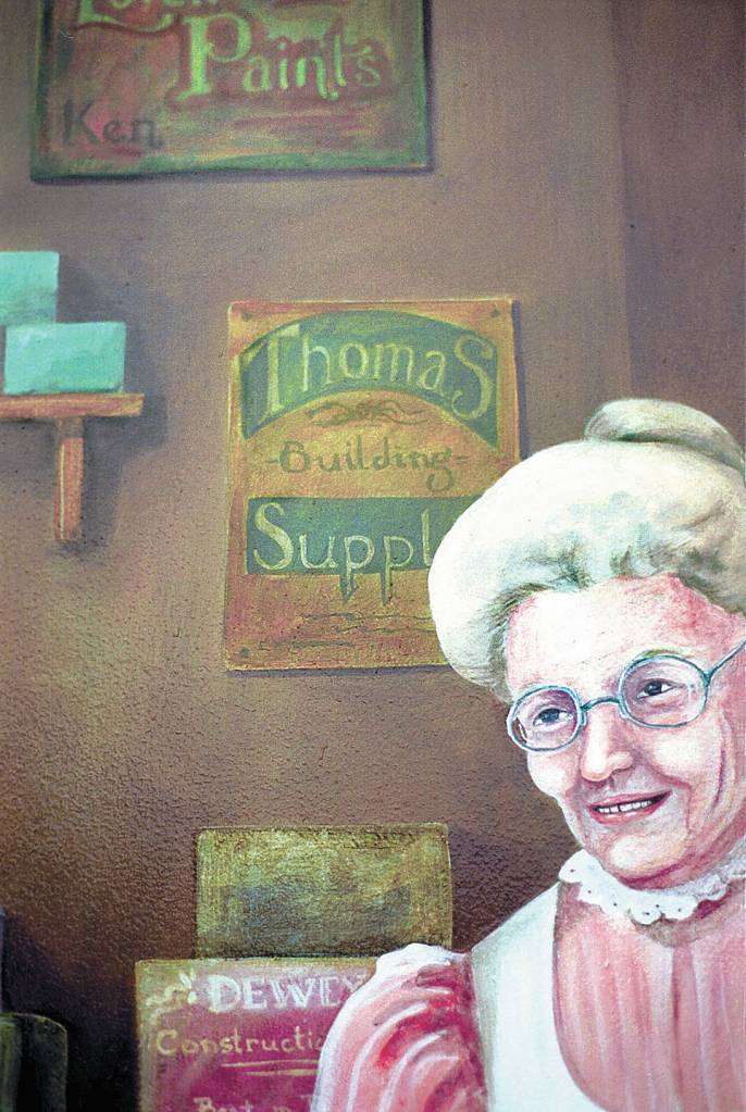 A partial image of Shirley Larmore, founder of what became the Sequim Gazette, on the Lehmans mural in 2001. Sequim Gazette file photo