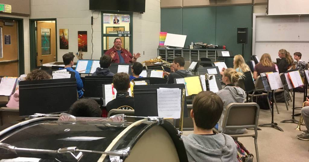 Teacher George Rodes, pictured here leading the Sequim Middle School Band class, was a recent recipient of a Sequim Education Foundation grant funded by the Rotary Club of Sequim and the Harry Hughes Memorial Fund. The grant provides funding for instruments and supporting materials for band program students. Grant donors for other teacher grants include HVK Fund, Sequim Sunrise Rotary and Soroptimist International of Sequim, along with private donors. Photo courtesy of Sequim Education Foundation
