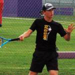 Nico Zingaro returns a serve in the second set of his match against North Kitsaps Chris Schuchart on Sept. 25, which he would win 6-2 to win the match. Zingaro was Sequims only undefeated player on the week, not dropping a single set in three matches. Sequim Gazette photo by Conor Dowley