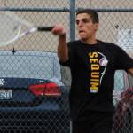 Nico Zingaro returns a serve in the second set of his match against North Kitsaps Chris Schuchart on Sept. 25, which he would win 6-2 to win the match. Zingaro was Sequims only undefeated player on the week, not dropping a single set in three matches. Sequim Gazette photo by Conor Dowley