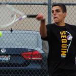 Nico Zingaro returns a serve in the second set of his match against North Kitsaps Chris Schuchart on Sept. 25, which he would win 6-2 to win the match. Zingaro was Sequims only undefeated player on the week, not dropping a single set in three matches. Sequim Gazette photo by Conor Dowley