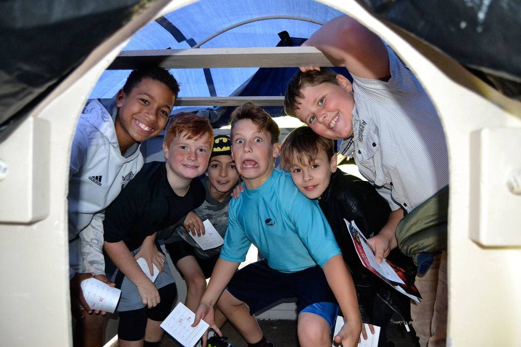 Above, Haylee Noel, 10, a Greywolf fifth grader, pets a cougar inside the Department of Fish and Wildlife booth during the Dungeness River Festival. Haylee said it was the first time she touched a cougar.                                 Left, from left, Myles Taylor, Noah Green, Logan Prendergast, Dakota Domning, Jesse Reeves and Sawyer Tomco, make it to the end of Clallam County Environmental Healths model of a septic tank.