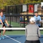 Becca Stuve, left, and Erin ORourke take on Stacia Marshall and Mona Schraeder in the womens doubles 4.0 (19+, 55+) division of the Sequim Picklers Blue Hole Bash tourney, held Sept. 27-29 at the Sequim courts at Carrie Blake Community Park. Marshall and Schraeder took top honors in the bracket while ORourke and Stuve placed third. Sequim Gazette photo by Michael Dashiell