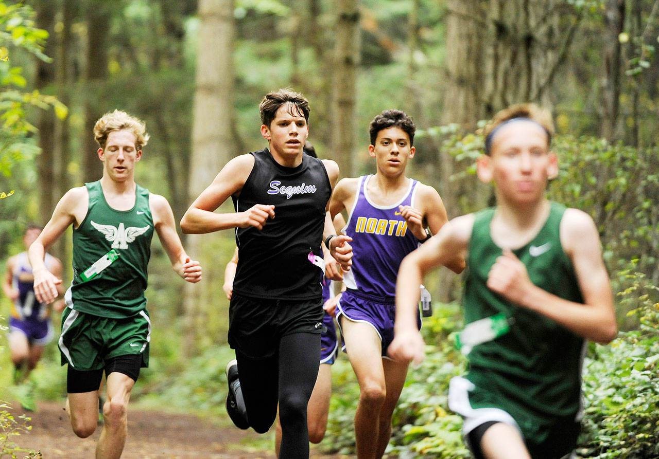 Sequims Kaleb Needoba, second from left, races against North Kitsap and Port Angeles in a Sept. 27 league meet at Robin Hill County Park. Needoba set a 5,000-meter personal best in an Oct. 2 league meet in Belfair. Sequim Gazette file photo by Michael Dashiell