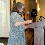 Cheri Scalf speaks Thursday morning in front of about 200 people at the Fort Worden Commons as she is honored with the 2019 Eleanor Stopps Environmental Leadership award. Photo by Brian McLean/Peninsula Daily News