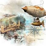 Steampunk Cat Over London by Marilynn Evans, a featured artist at the Blue Whole Gallery in November. Submitted art