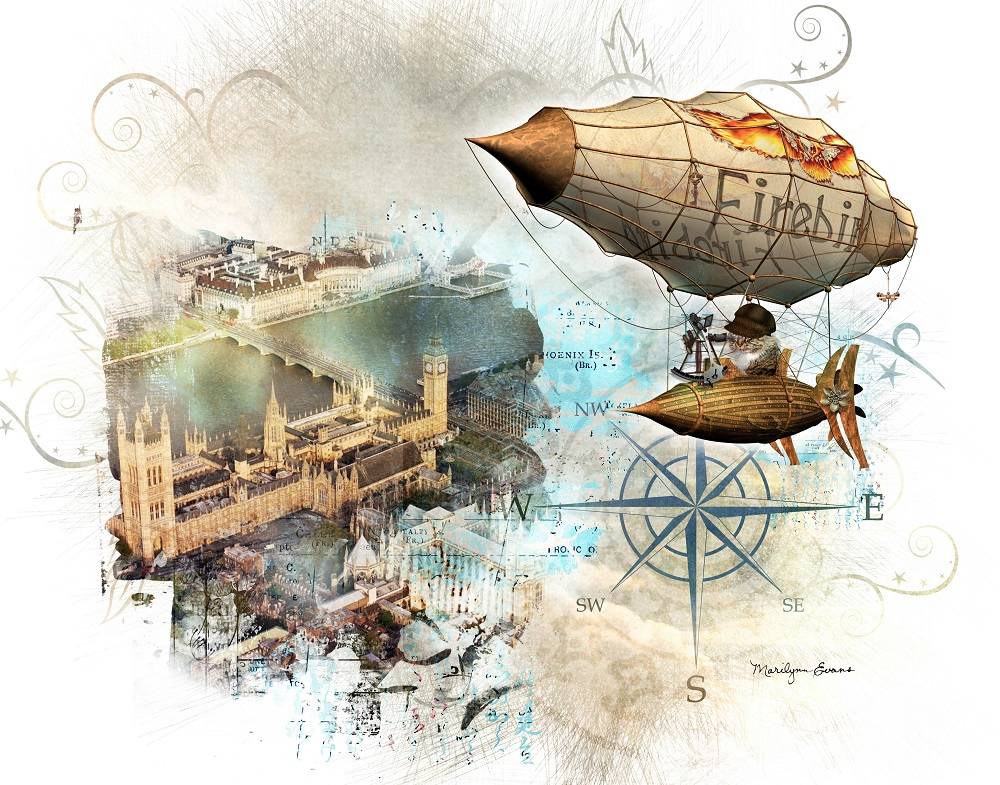 Steampunk Cat Over London by Marilynn Evans, a featured artist at the Blue Whole Gallery in November. Submitted art