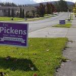 Campaign signs like these for Eric Pickens for Sequim School Board are allowed in planting strips in Sequim city limits so long as the property owner approves of them in his/her right-of-way. Pickens is running for Director at-large No. 5 against Charles W. Smith III who said he dropped out for personal reasons but will remain on the ballot. Sequim Gazette photo by Matthew Nash
