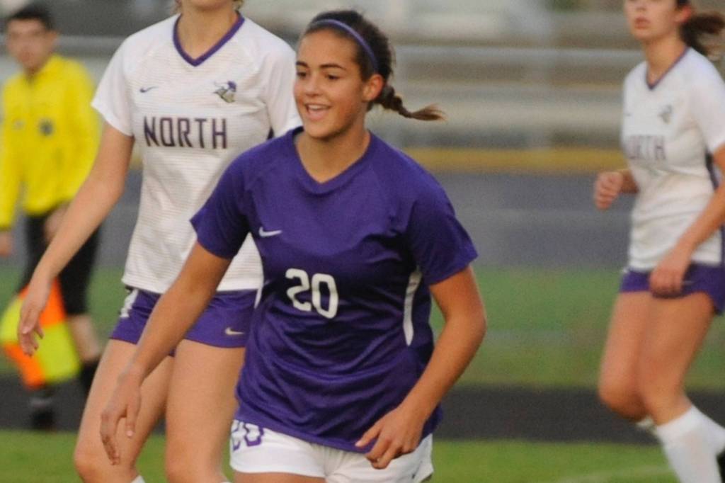 Hope Glasser, pictured playing against North Kingston on Sept. 24, was a crucial player for the Wolves against Port Angeles on Oct. 8, taking on a defensive role and marking Olympic League-leading goalscorer Millie Long. Sequim Gazette file photo by Conor Dowley