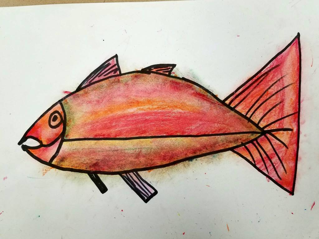 Art by Austin Francis, a fifth-grade student in Brittney Rothwells class at Helen Haller Elementary School, as part of a follow-up lesson to a visit to the Dungeness River Festival. Photo by Saxon Holt