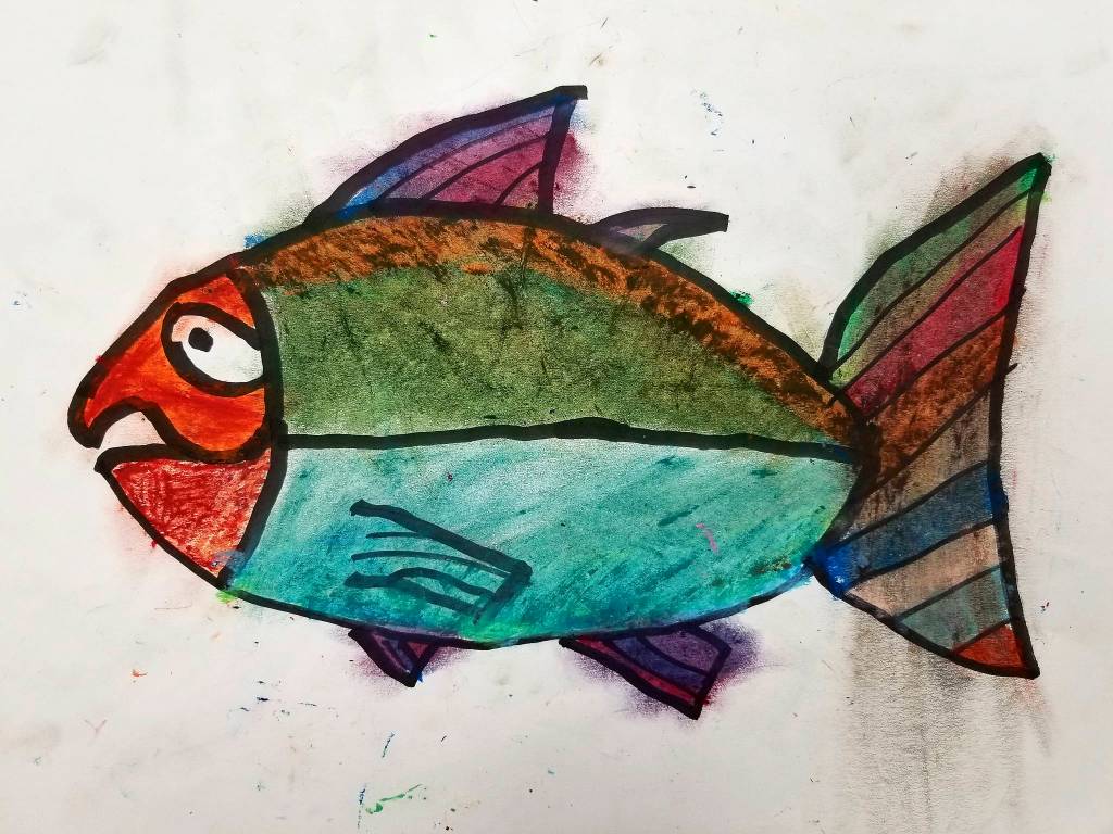 Art by Kaleb Delph, a fifth-grade student in Mary Himleys class at Helen Haller Elementary School, as part of a follow-up lesson to a visit to the Dungeness River Festival. Photo by Saxon Holt