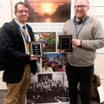 Sequim Gazette editor Michael Dashiell, left, and reporter Matthew Nash celebrate a second place in General Excellence (Division 2) at the Washington Newspaper Publishers Association convention in Olympia in mid-October. Nash took home a second place in WNPAs Feature Writer of the Year. Photo by Patsene Dashiell