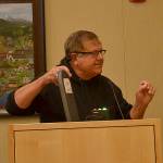 Sequim resident Roger Sonnenberg told Sequim city councilors Monday, while holding a tombstone, that theyd be responsible for incidents related to the proposed MAT clinic. Sonnenberg said when the first person dies on US Highway 101 related to the clinic theyll be responsible, or a large theft, or storefronts close. Morally you have to take responsibility, he said. Sequim Gazette photo by Matthew Nash