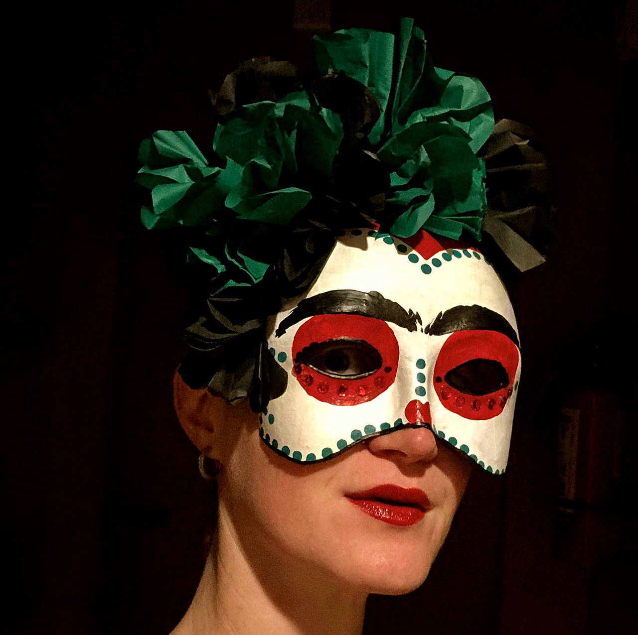 Sarah Jane of the Port Angeles Fine Arts Center models a mask for The Dark Side of Art, a pre-Halloween party overtaking the center on Saturday, Oct. 26. Photo by Sarah Jane/Port Angeles Fine Arts Center