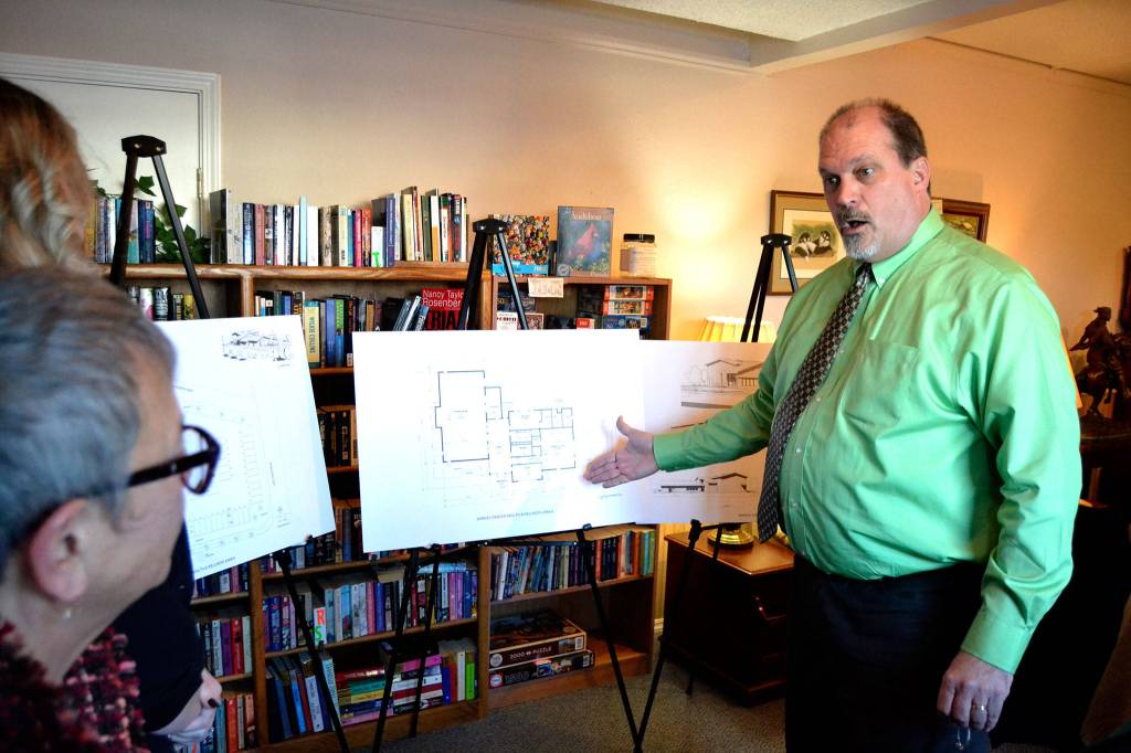 Michael Smith, executive director of the Shipley Center, discusses plans for the centers Health & Wellness Annex with Jan Simon, executive director of the First Federal Community Foundation, and Ashley Slezak, First Federal Sequim Market manager. Smith said the proposed $1.5 million project will add about 6,400-square-feet of space for exercise classes, a fitness room, sports courts, a commercial demonstration kitchen and more. Sequim Gazette photos by Matthew Nash