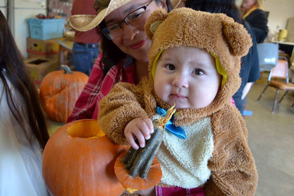 Eight-month-old Daniel Sabadin gets a taste of pumpkin at the Sequim Prairie Granges pumpkin carving party on Oct. 26 with his mom Lupita and family. Sequim Gazette photo by Matthew Nash