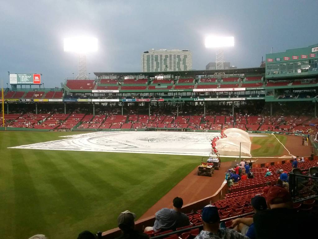 Fenway in the rain … they put the tarp on and took it off three times, I think. Photo by Michael Dashiell
