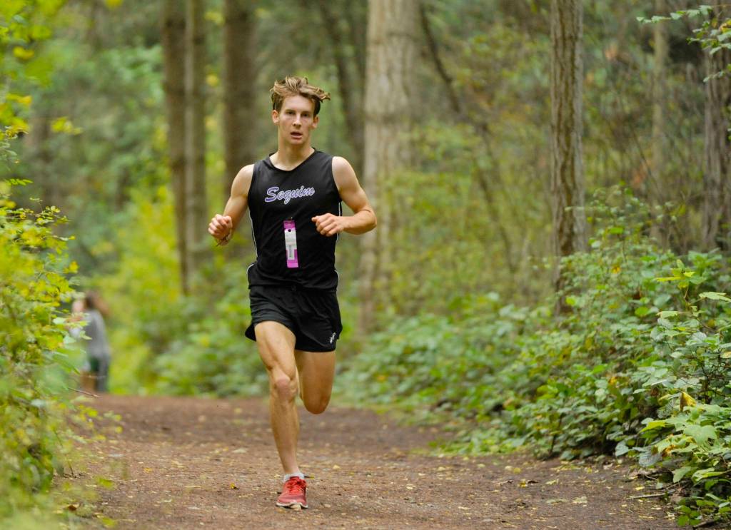Sequim junior Eli Gish, pictured here at an Olympic League meet earlier this season, took 34th overall at the West Central District 3 meet on Nov. 2 and makes a return trip to the state 2A cross country final in Pasco this week. Gish qualified with the Wolves as a freshman in 2017. Sequim Gazette file photo by Michael Dashiell