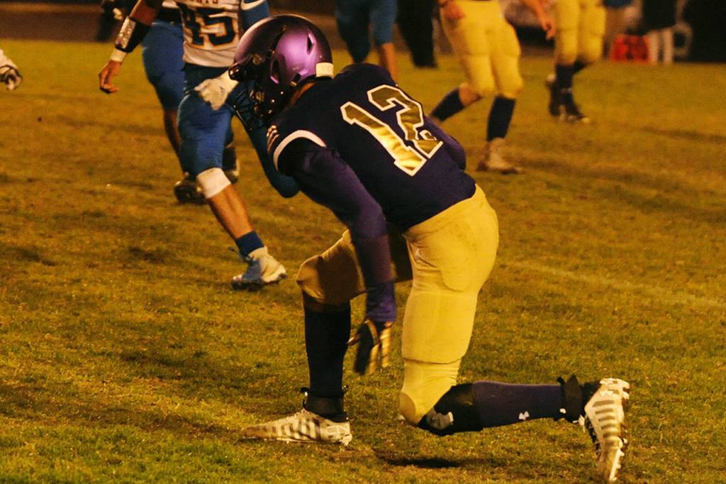 Hayden Eaton turns to run upfield after making a reception in the first quarter of the Sequim Wolves 36-21 win over the Bremerton Knights on Nov. 1. Sequim Gazette photo by Conor Dowley