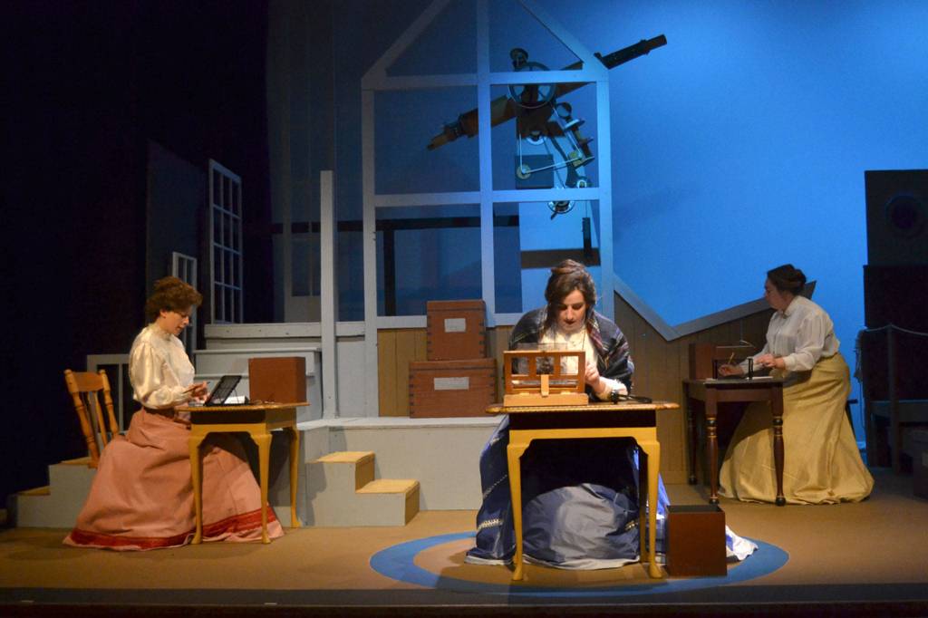 Rather than looking through a telescope in the early 1900s, female astronomers like Tia Stephens (as Annie Cannon), Ginny Holladay Jessee (Henrietta Leavitt) and Marissa Wilson (Willamina Fleming) catalogued observations from photographs printed on glass slides. Sequim Gazette photo by Matthew Nash