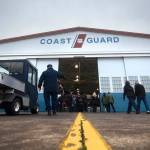 People arrive to the Veterans Day ceremony at U.S. Coast Guard Air Station/Sector Field Office Port Angeles on Monday. (Jesse Major/Peninsula Daily News)