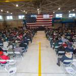 Hundreds attend the Veterans Day ceremony at U.S. Coast Guard Air Station/Sector Field Office Port Angeles on Monday. (Jesse Major/Peninsula Daily News)