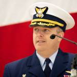 Cmdr. M. Scott Jackson, commanding officer of Coast Guard Air Station/Sector Field Office Port Angeles, delivers his remarks during the Veterans Day ceremony Monday.