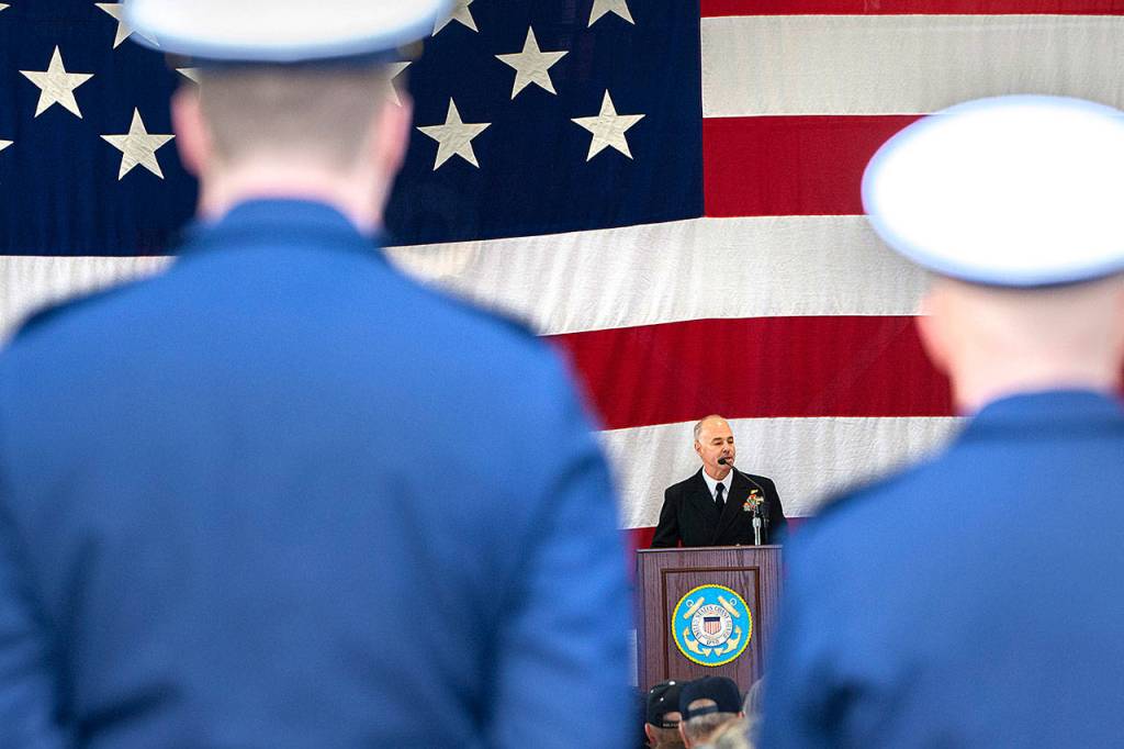 Rear Adm. Christopher Scotty Gray of the U.S. Navy provides his remarks during the Veterans Day ceremony at U.S. Coast Guard Air Station/Sector Field Office Port Angeles.