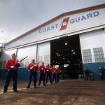 Members of the Mount Olympus Detachment of the Marine Corps League perform a three-volley rifle salute at the Veterans Day ceremony at U.S. Coast Guard Air Station/Sector Field Office Port Angeles on Monday. Photos by Jesse Major/Peninsula Daily News