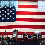 Cmdr. M. Scott Jackson, commanding officer of Coast Guard Air Station/Sector Field Office Port Angeles, delivers his remarks during the Veterans Day ceremony Monday. (Jesse Major/Peninsula Daily News)