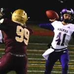 Sequim Wolves sophomore quarterback Kobe Applegate throws a pass in the first quarter of the Wolves 38-21 loss to the Lakewood Cougars in the 2A state playoffs on Nov. 15. Applegate was forced to start the game due to a knee injury suffered by Taig Wiker, but responded with a touchdown pass on the Wolves opening drive of the game. Sequim Gazette photo by Conor Dowley