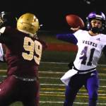 Sequim Wolves sophomore quarterback Kobe Applegate throws a pass in the first quarter of the Wolves 38-21 loss to the Lakewood Cougars in the 2A state playoffs on Nov. 15. Applegate was forced to start the game due to a knee injury suffered by Taig Wiker, but responded with a touchdown pass on the Wolves opening drive of the game. Sequim Gazette photo by Conor Dowley