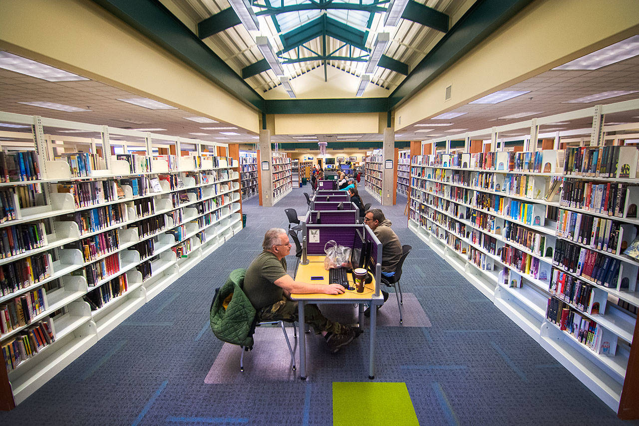 People use computers at the Port Angeles Public Library on Monday. The North Olympic Library System has joined a boycott against electronic versions of new releases by Macmillan Publishers. (Jesse Major/Peninsula Daily News)