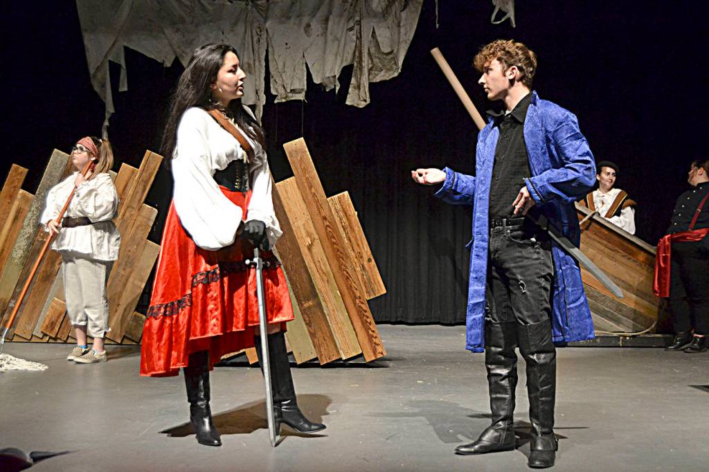 Gloria Barrera Reyna as Antonieta helps Kyle DeSummas Sebastian regain his footing after he was thought lost at sea in William Shakespeares Twelfth Night. Sequim Gazette photo by Matthew Nash
