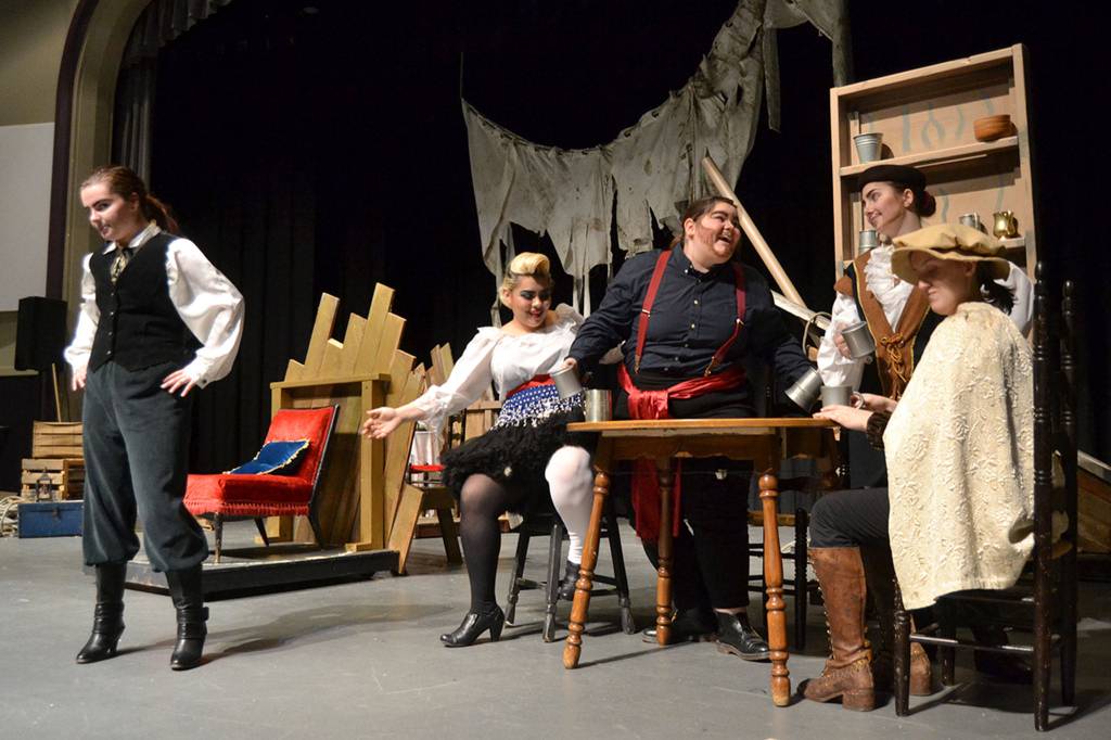 Chloe Corbin , as Malvolio, scorns Fest the Fool (Erin Quintero), Sir Toby (Kenzie Camp), Sir Andrew (Kaylee Dunlap) and Fabian (Jennessa Robinson) for making a ruckus in Sequim Highs Twelfth Night. Sequim Gazette photo by Matthew Nash