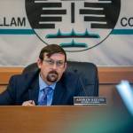 Hearing Examiner Andrew Reeves listens during a hearing concerning county permits for the Jamestown SKlallam Tribes proposed oyster farm. Photo by Jesse Major/Olympic Peninsula News Group