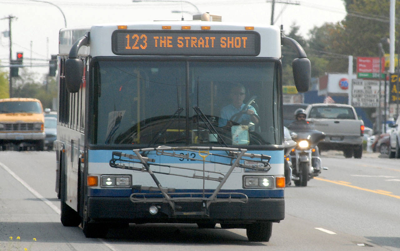 Clallam Transits Straight Shot bus makes its way into Port Angeles in August on a scheduled run from the ferry terminal on Bainbridge Island. Photo by Keith Thorpe/Olympic Peninsula News Group