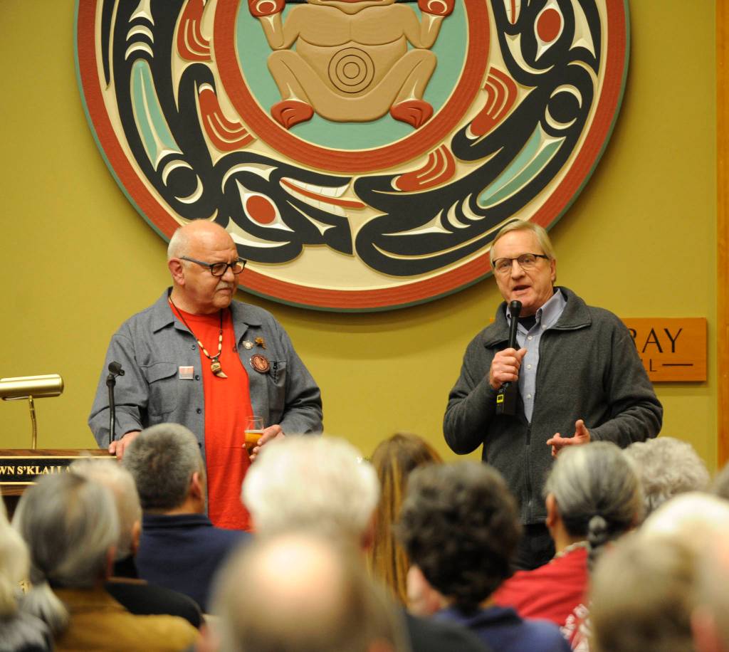 State Rep. Steve Tharinger, right, speaks at the Jamestown SKlallam Tribes MATC clinic deign reveal on Dec. 5 in Sequim, with tribal chairman W. Ron Allen looking on. Sequim Gazette photo by Michael Dashiell
