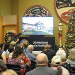 At center, Bud Turner, manager of the Jamestown SKlallam Tribes carving shed, talks about some of the art choices in the conceptual designs of the tribes proposed medicine-assisted treatment (MAT) facility. Sequim Gazette photo by Michael Dashiell