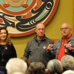 Jamestown SKlallam Tribe chairman W. Ron Allen, right, speaks at a design reveal event on Dec. 5 for the tribes proposed medicine-assisted treatment (MAT) facility. Looking on is Suzanne Pontecorvo, a designer with the Rice Fergus Miller architecture firm, and Bud Turner, manager of the Jamestown SKlallam Tribes carving shed. Sequim Gazette photo by Michael Dashiell