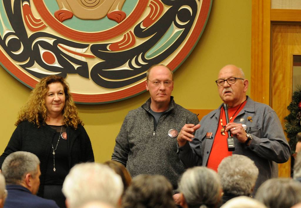 Jamestown SKlallam Tribe chairman W. Ron Allen, right, speaks at a design reveal event on Dec. 5 for the tribes proposed medicine-assisted treatment (MAT) facility. Looking on is Suzanne Pontecorvo, a designer with the Rice Fergus Miller architecture firm, and Bud Turner, manager of the Jamestown SKlallam Tribes carving shed. Sequim Gazette photo by Michael Dashiell
