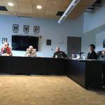 Clallam County Public Utility District commissioners (from left) David Anderson, Jim Waddell and Will Purser view a budget presentation with Communications Manager Nicole Clark and General Manager Doug Nass on Dec. 9. Photo by Rob Ollikainen/Olympic Peninsula News Group